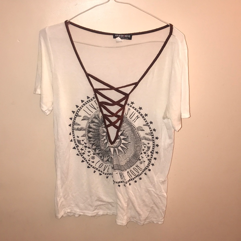 White graphic tee with open lace